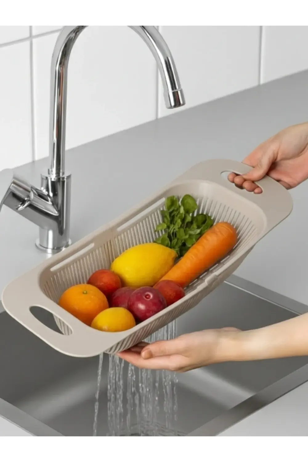 Sürgülü Ayarlanabilen Lavabo Süzgeci, Meyve Sebze Yıkama Süzgeci