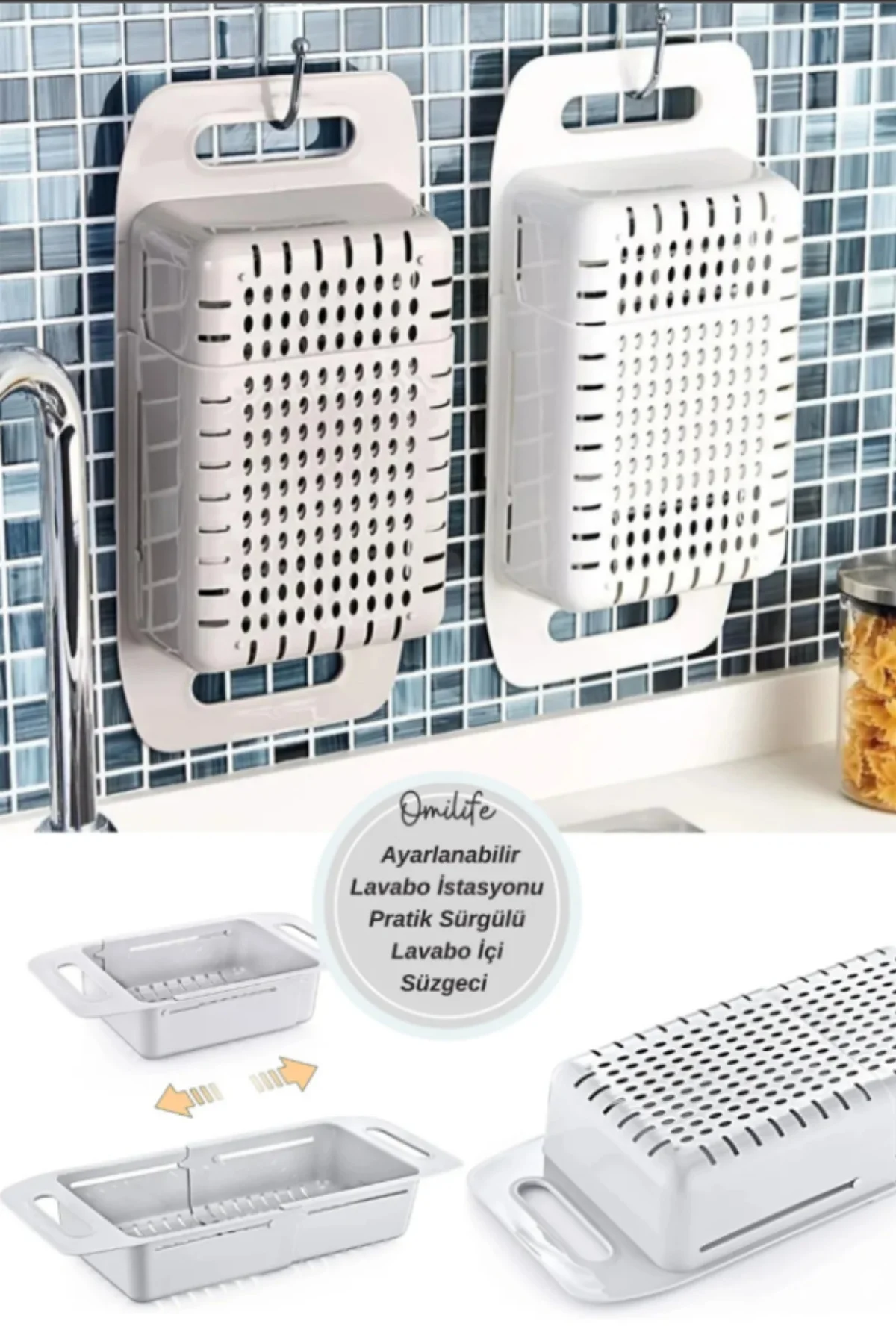 Sürgülü Ayarlanabilir Pratik Lavabo Süzgeci, Uzun Kısa Ayarlı Evye, Meyve Sebze Salata Yıkama Sürgülü Ayarlanabilir Pratik Lavabo Süzgeci, Uzun Kısa Ayarlı Evye, Meyve Sebze Salata Yıkama - Görsel 4