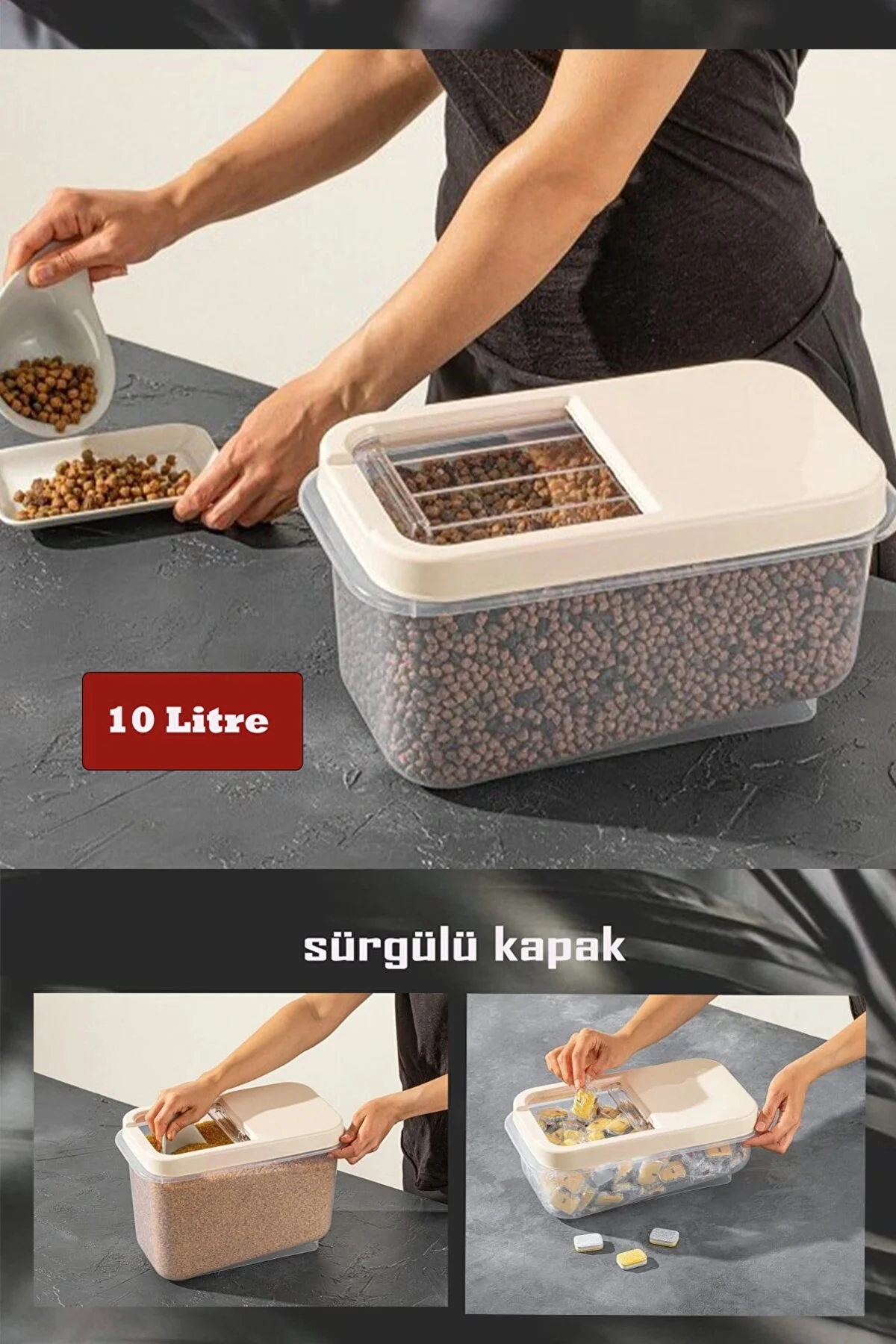 Sürgülü Kapaklı 10 Lt Erzak Bakliyat Un Şeker Saklama Kabı - Görsel 2