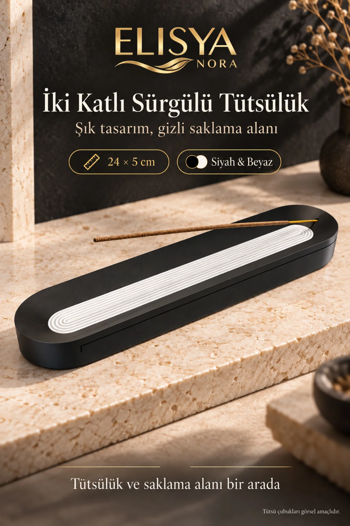 Sürgülü Kapaklı Tütsü Saklama Kutusu Dekoratif Tütsülük Organizer - Görsel 2