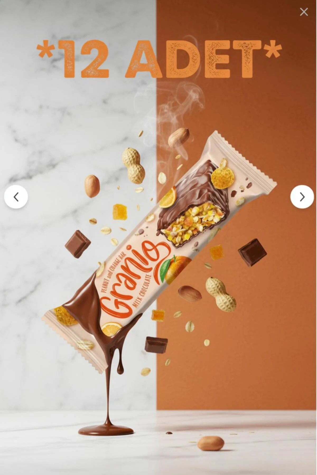 Sütlü Çikolata Kaplamalı Portakallı Meyveli Bar 40 gr X 12 Adet