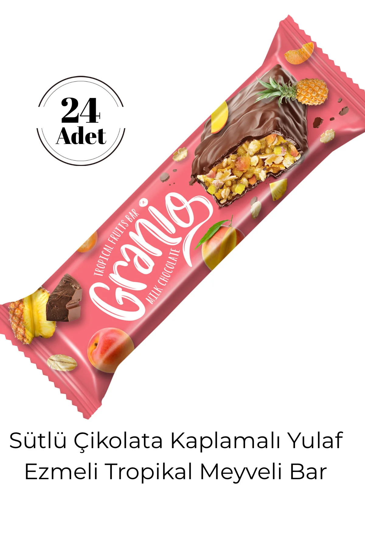 Sütlü Çikolata Kaplamalı Yulaf Ezmeli Tropikal Meyveli Bar 40 Gr X 24 Adet Sütlü Çikolata Kaplamalı Yulaf Ezmeli Tropikal Meyveli Bar 40 Gr X 24 Adet