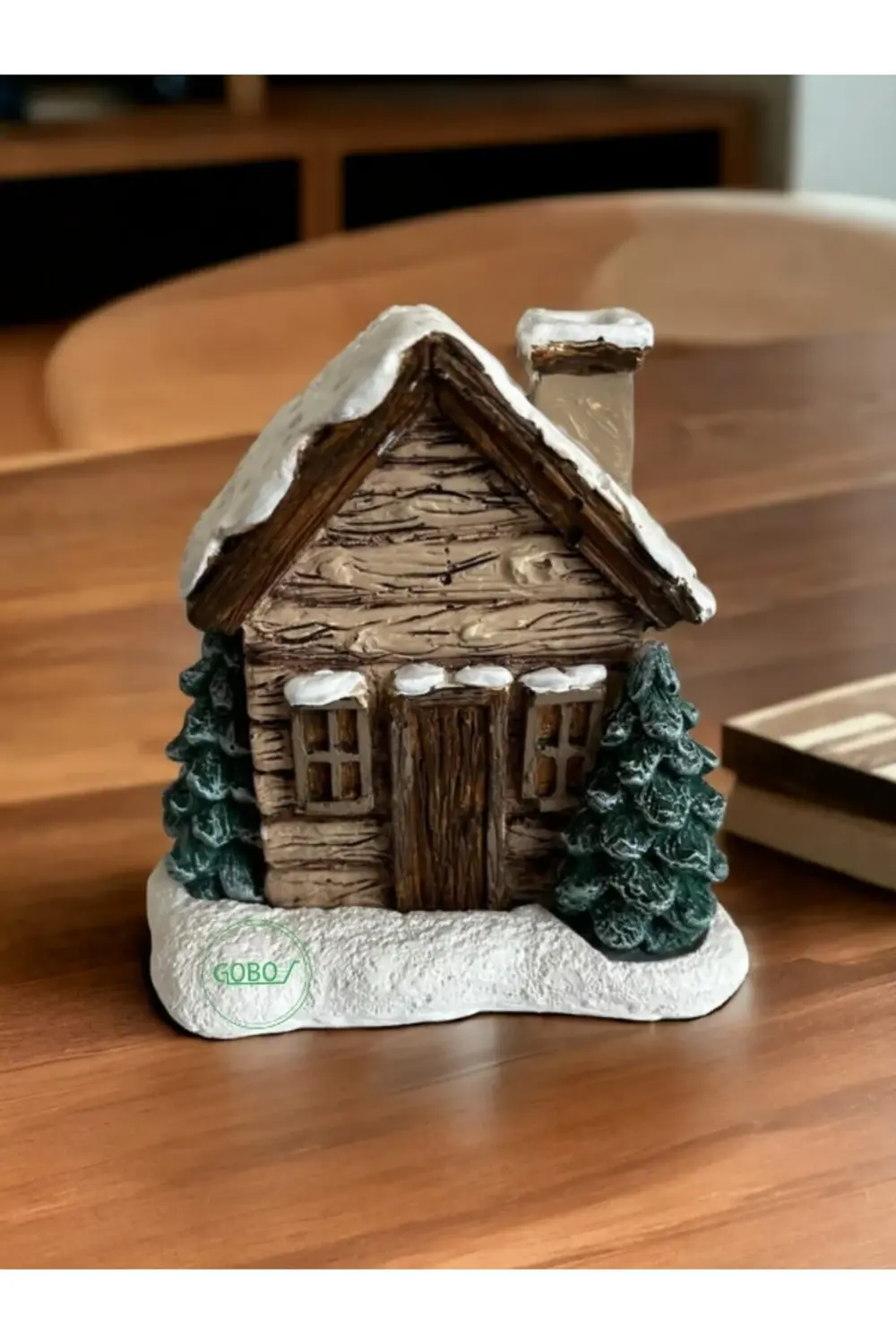 Sütlü Kahve Renkli Kar Efektli Ev Şeklindeki Yılbaşı Temalı El Bo