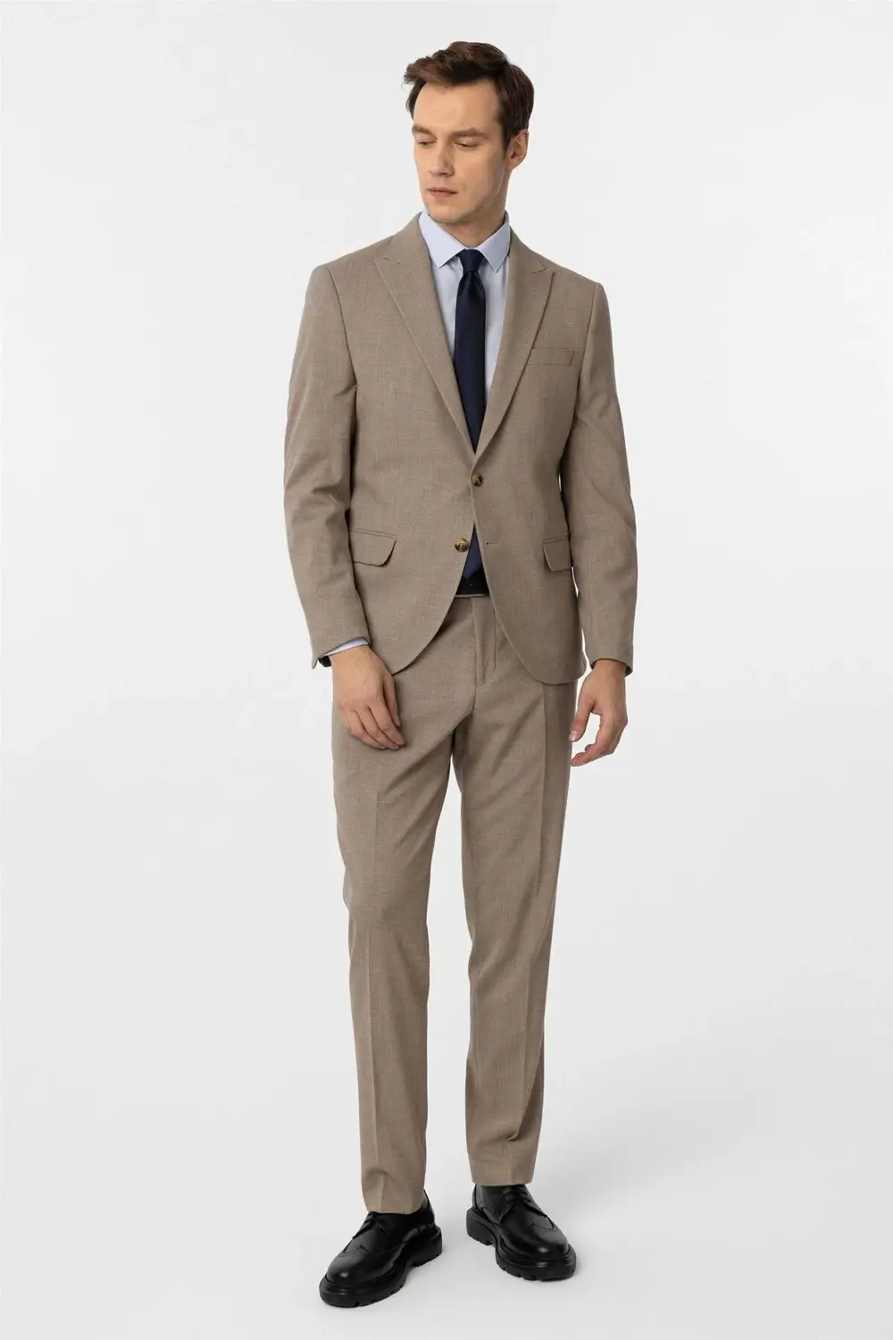 Süvari Sütlü Kahve Slim Fit Desenli Sivri Yaka 6 Drop Klasik Takım Elbis