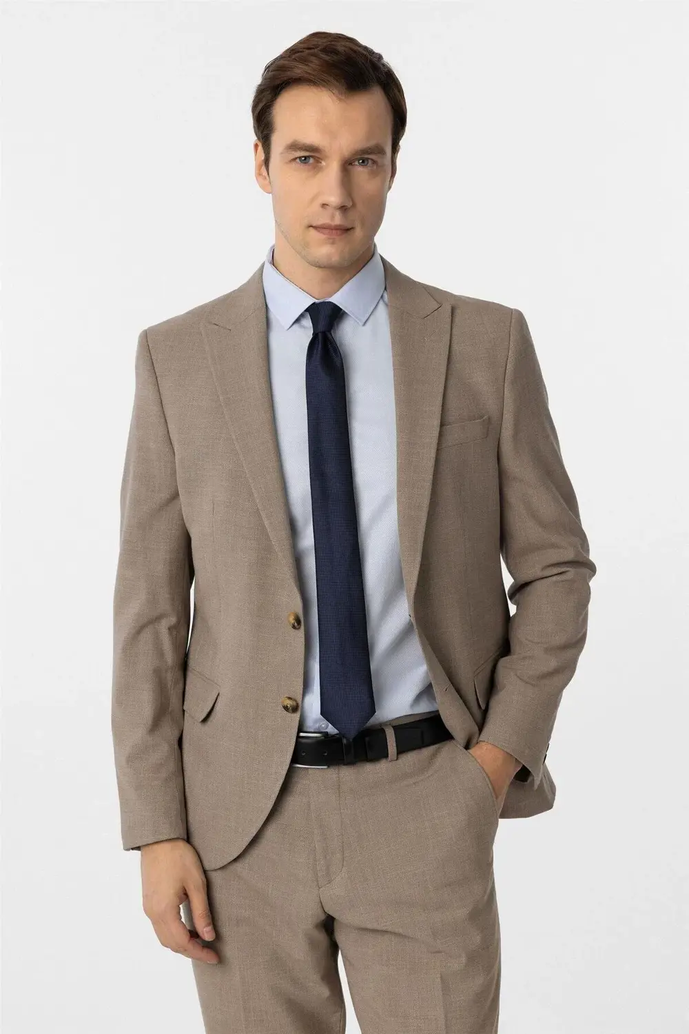 Süvari Sütlü Kahve Slim Fit Desenli Sivri Yaka 6 Drop Klasik Takım Elbis