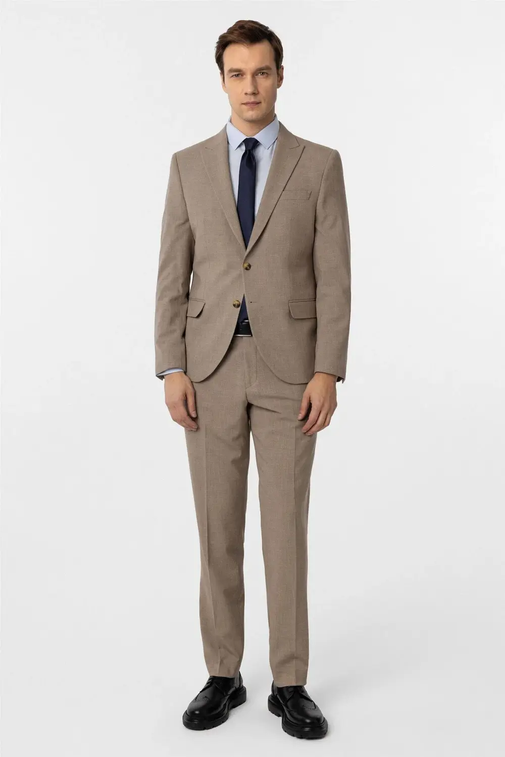 Süvari Sütlü Kahve Slim Fit Desenli Sivri Yaka 6 Drop Klasik Takım Elbis