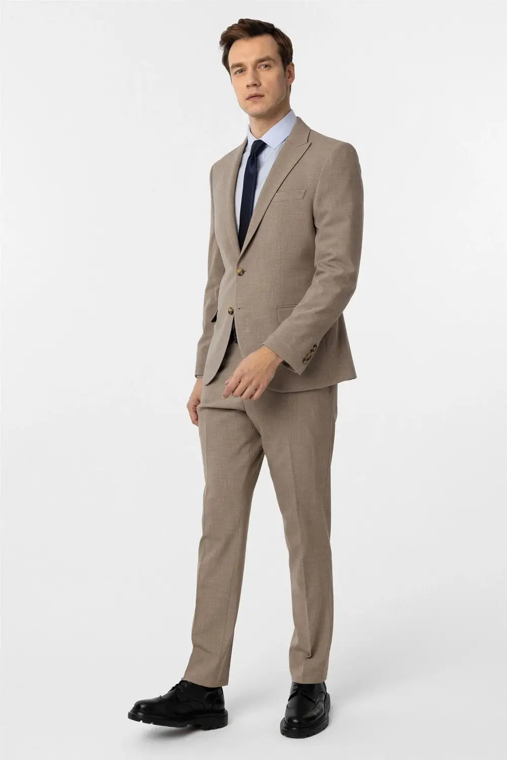 Süvari Sütlü Kahve Slim Fit Desenli Sivri Yaka 6 Drop Klasik Takım Elbis