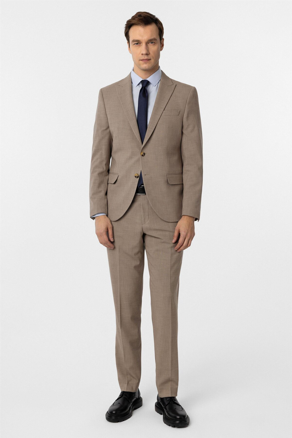 Süvari Sütlü Kahve Slim Fit Desenli Sivri Yaka 6 Drop Klasik Takım Elbis