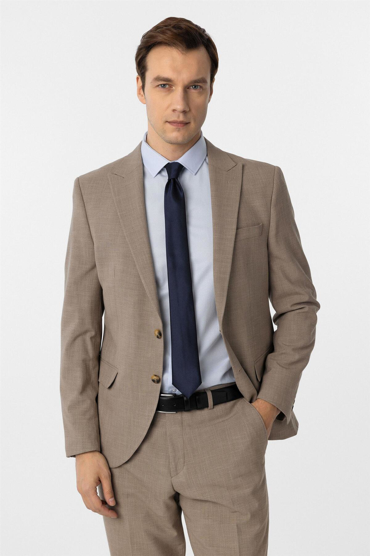 Süvari Sütlü Kahve Slim Fit Desenli Sivri Yaka 6 Drop Klasik Takım Elbis