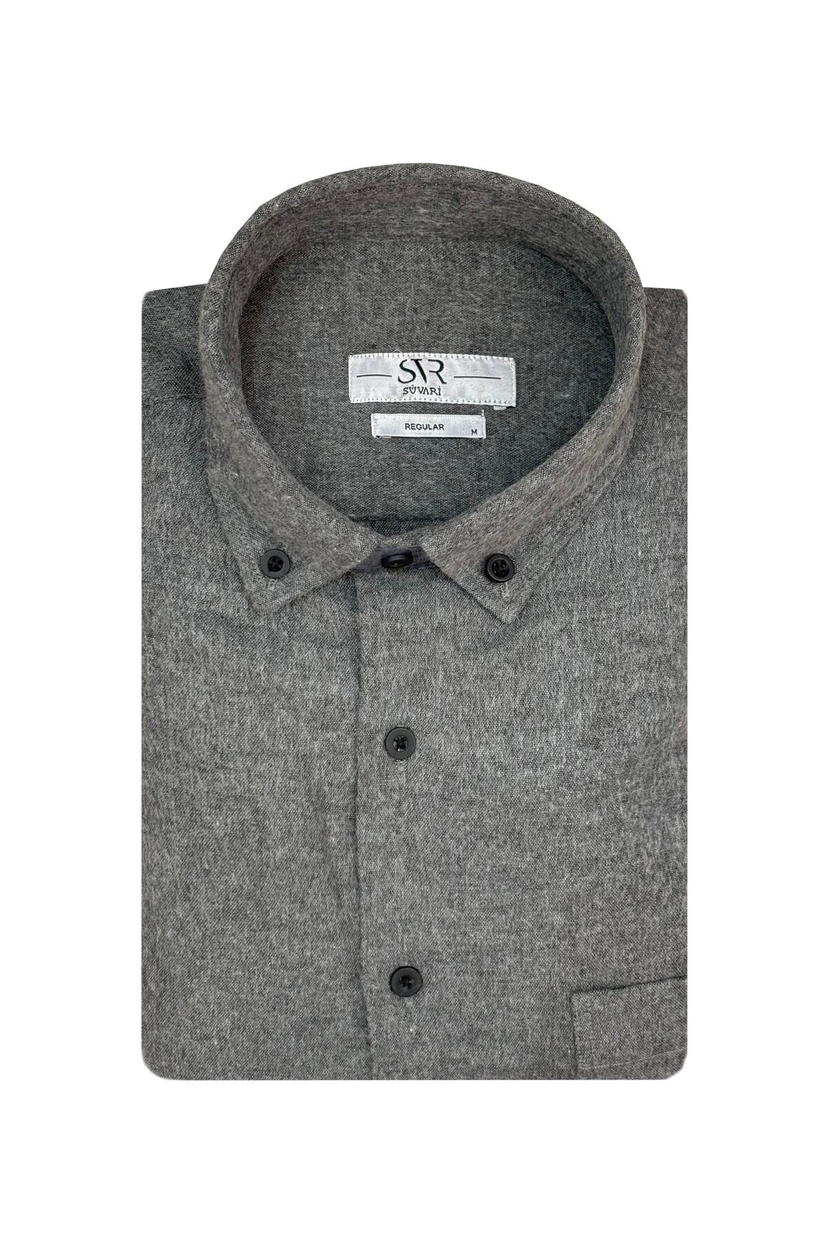 Süvari Süvari Bol Kesim Cepli Gri Düz Flanel Kışlık Erkek Gömlek