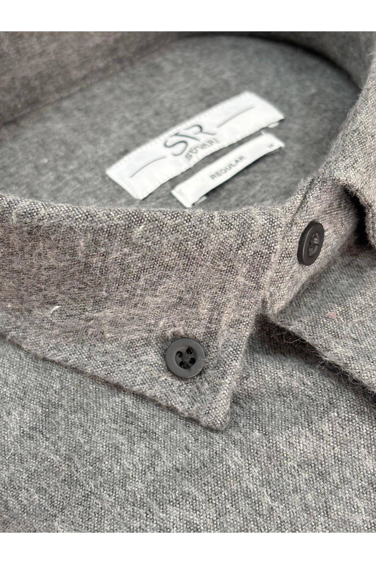 Süvari Süvari Bol Kesim Cepli Gri Düz Flanel Kışlık Erkek Gömlek
