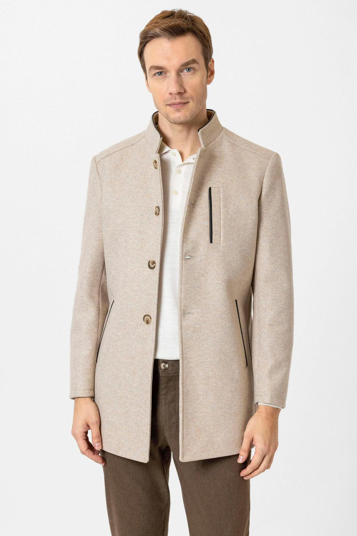 Süvari Süvari Bol Kesim Hakim Yaka Dokulu Bej Erkek Kaban