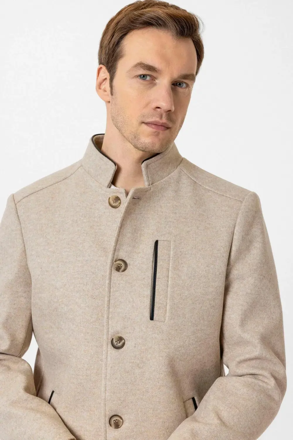 Süvari Bol Kesim Hakim Yaka Dokulu Bej Erkek Kaban