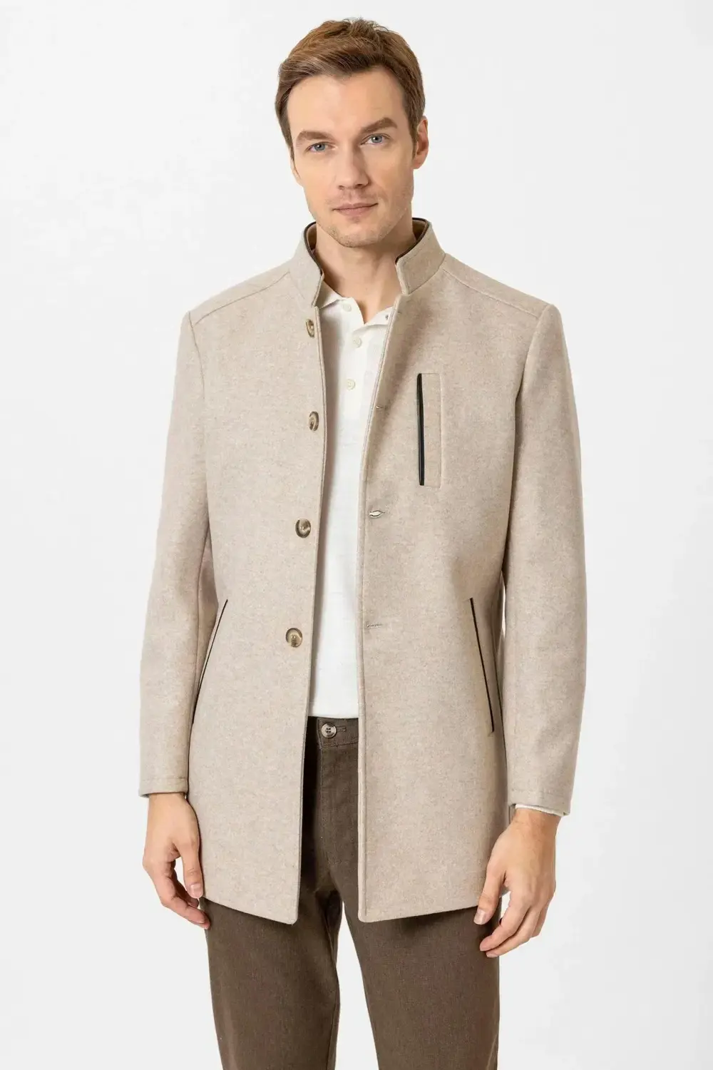 Süvari Bol Kesim Hakim Yaka Dokulu Bej Erkek Kaban