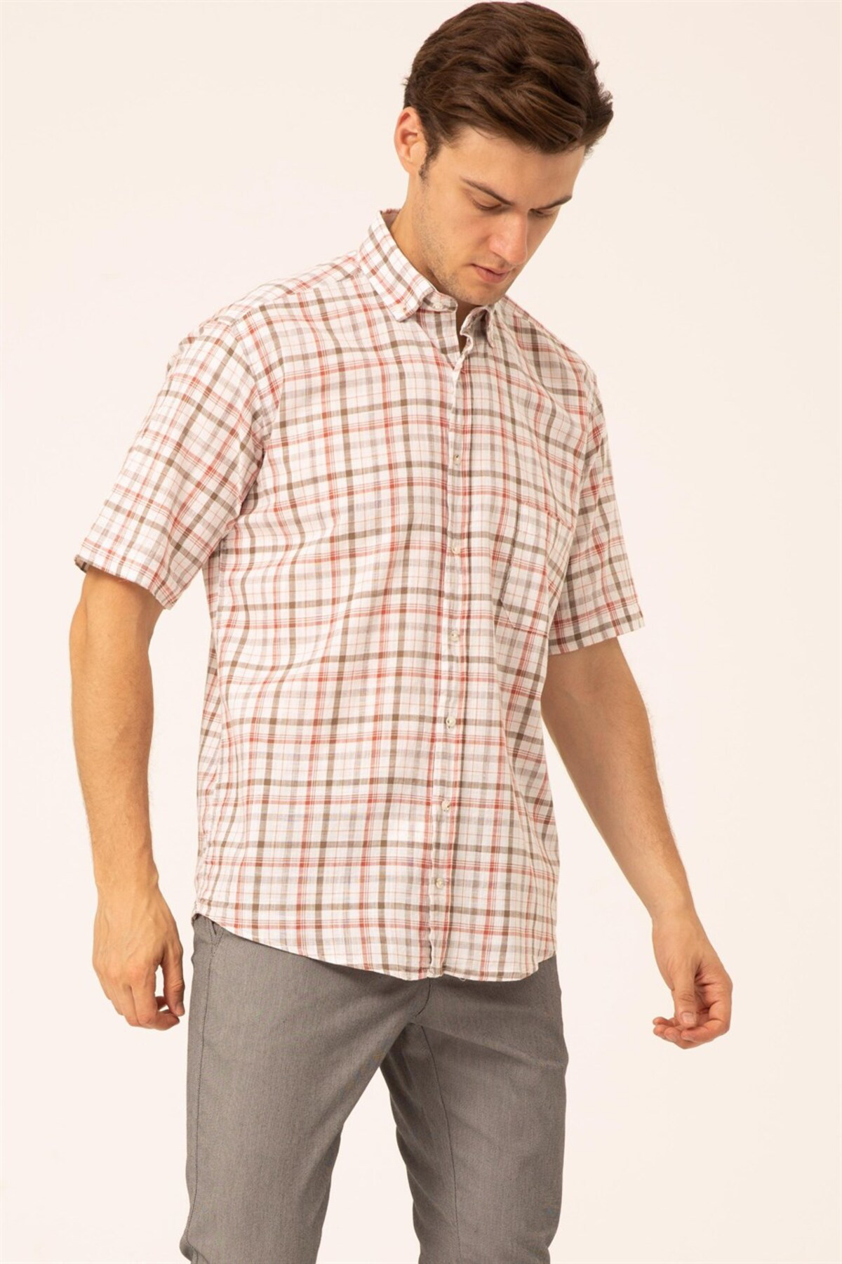 Süvari Süvari Bol Kesim Kırmızı Desenli Cepli Tam Pamuk Erkek Kısa Kollu