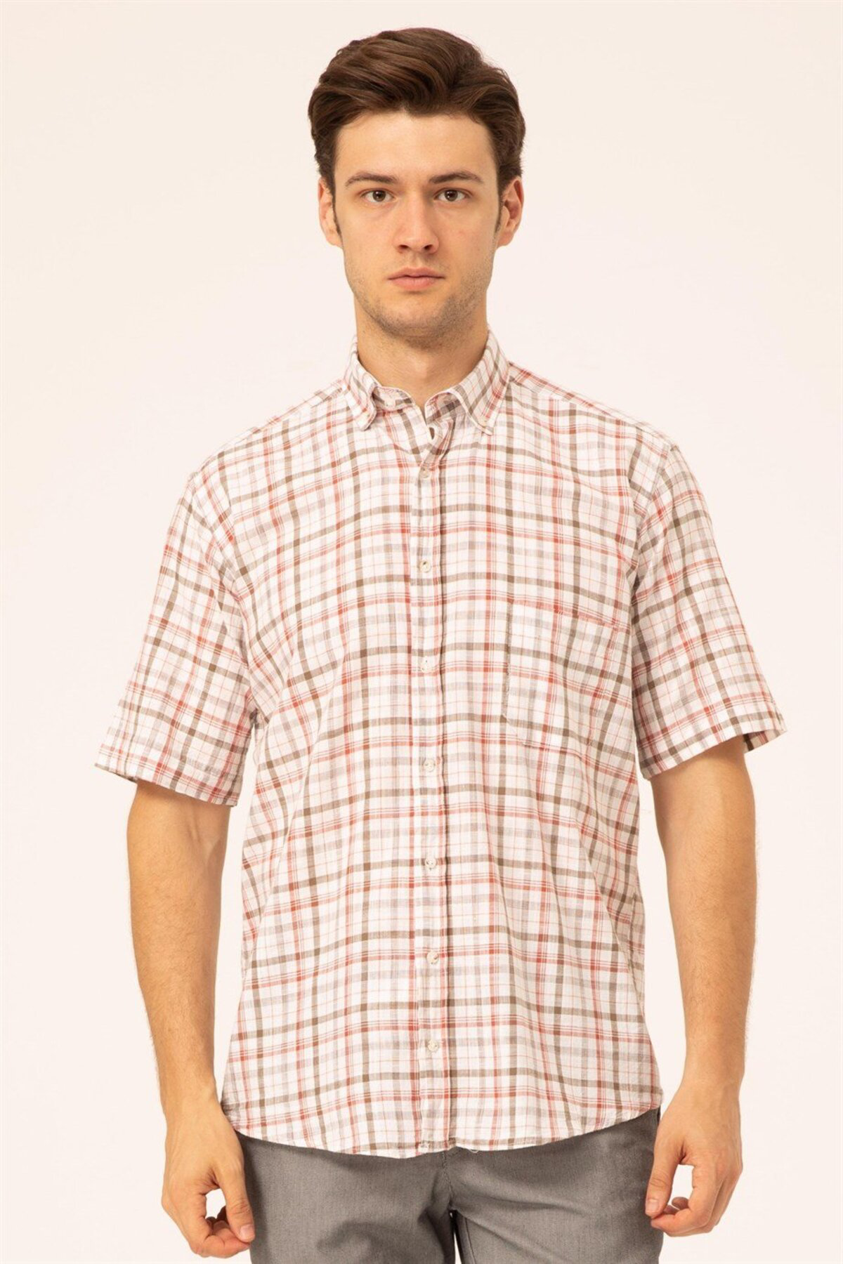 Süvari Süvari Bol Kesim Kırmızı Desenli Cepli Tam Pamuk Erkek Kısa Kollu