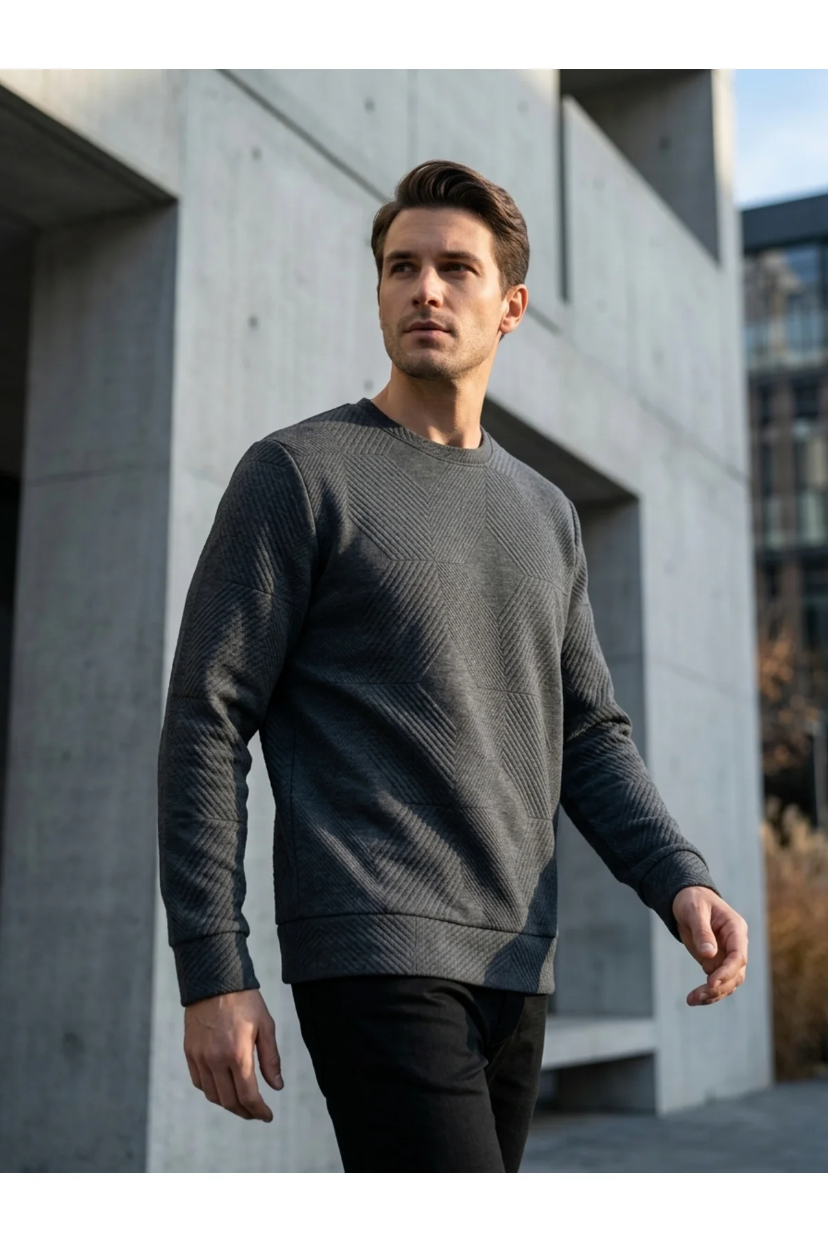 Süvari Bol Kesim O Yaka Kapitone Etnik Desenli Gri Sweatshirt