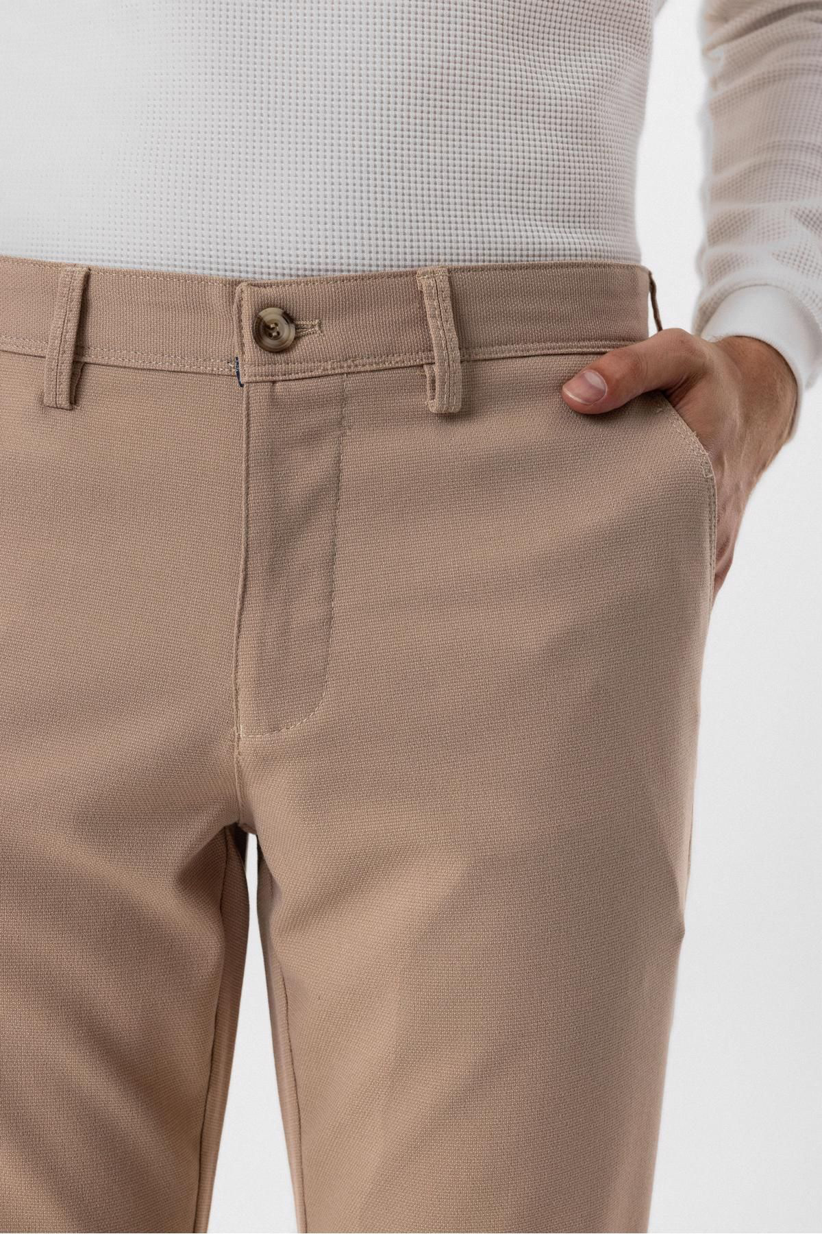 Think + Süvari Dar Kalıp Armür Desenli Bej Keten Pantolon