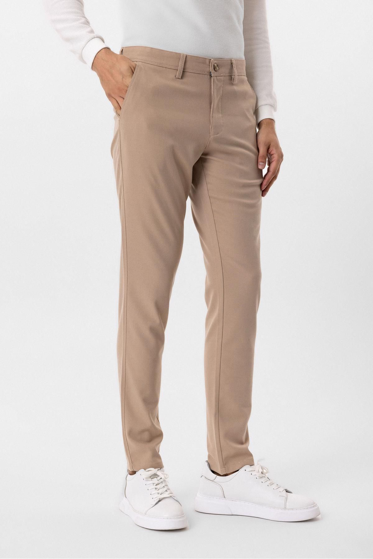 Think + Süvari Dar Kalıp Armür Desenli Bej Keten Pantolon