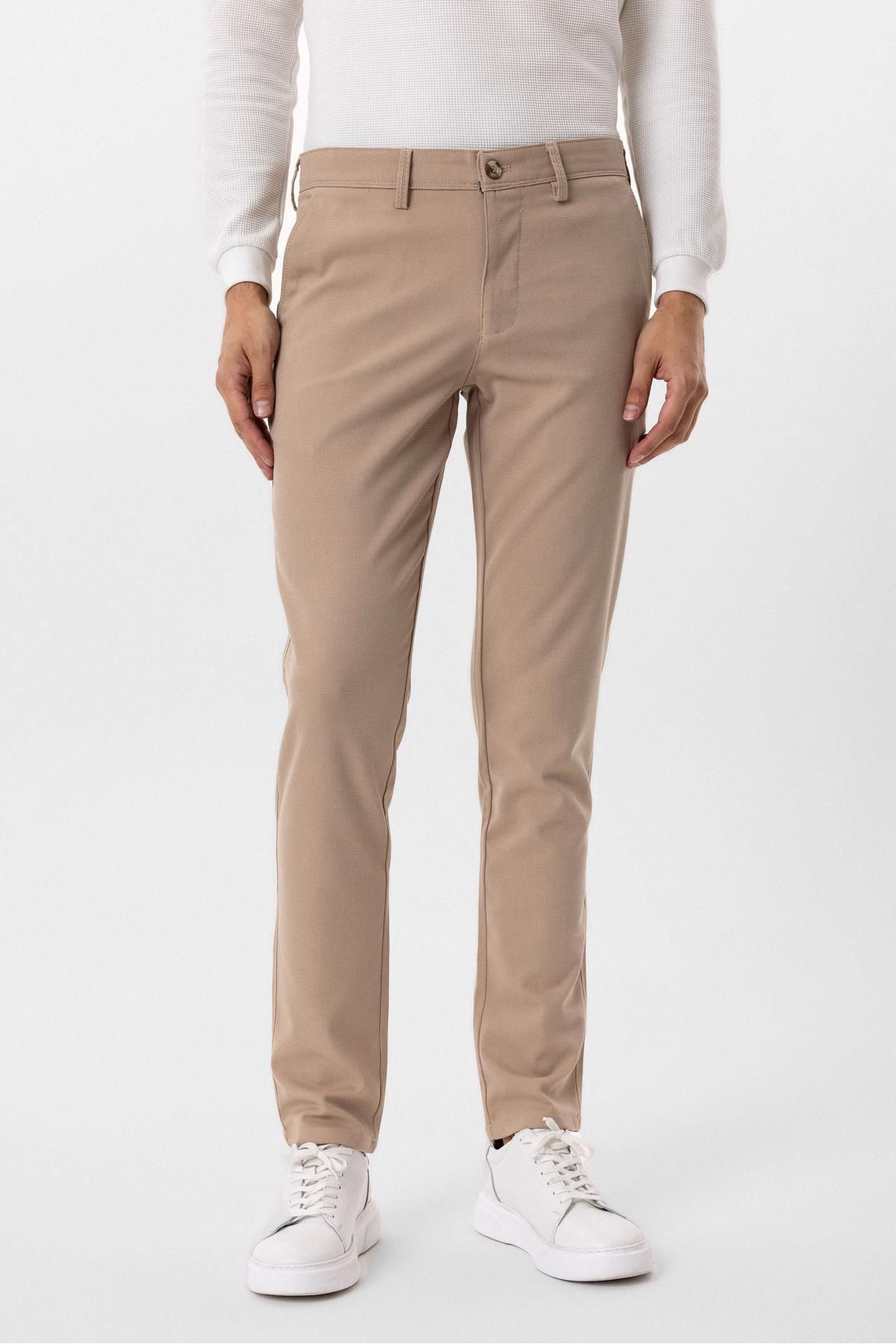 Think + Süvari Dar Kalıp Armür Desenli Bej Keten Pantolon