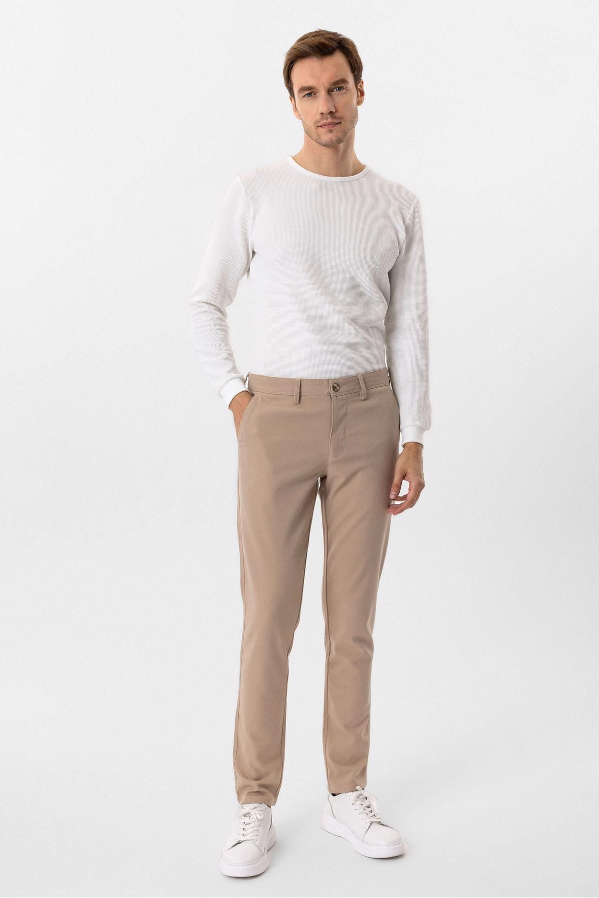 Think + Süvari Dar Kalıp Armür Desenli Bej Keten Pantolon