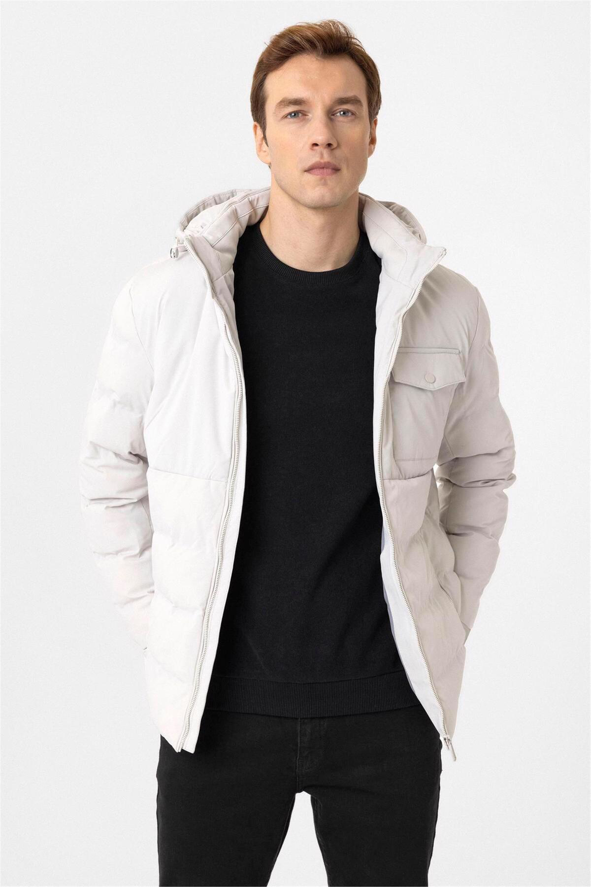 Süvari Süvari Dar Kalıp Beyaz Kapşonlu Erkek Mont