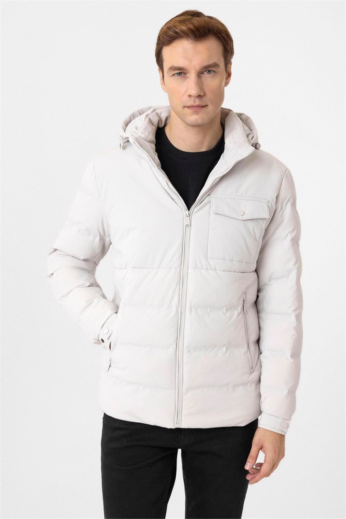 Süvari Süvari Dar Kalıp Beyaz Kapşonlu Erkek Mont