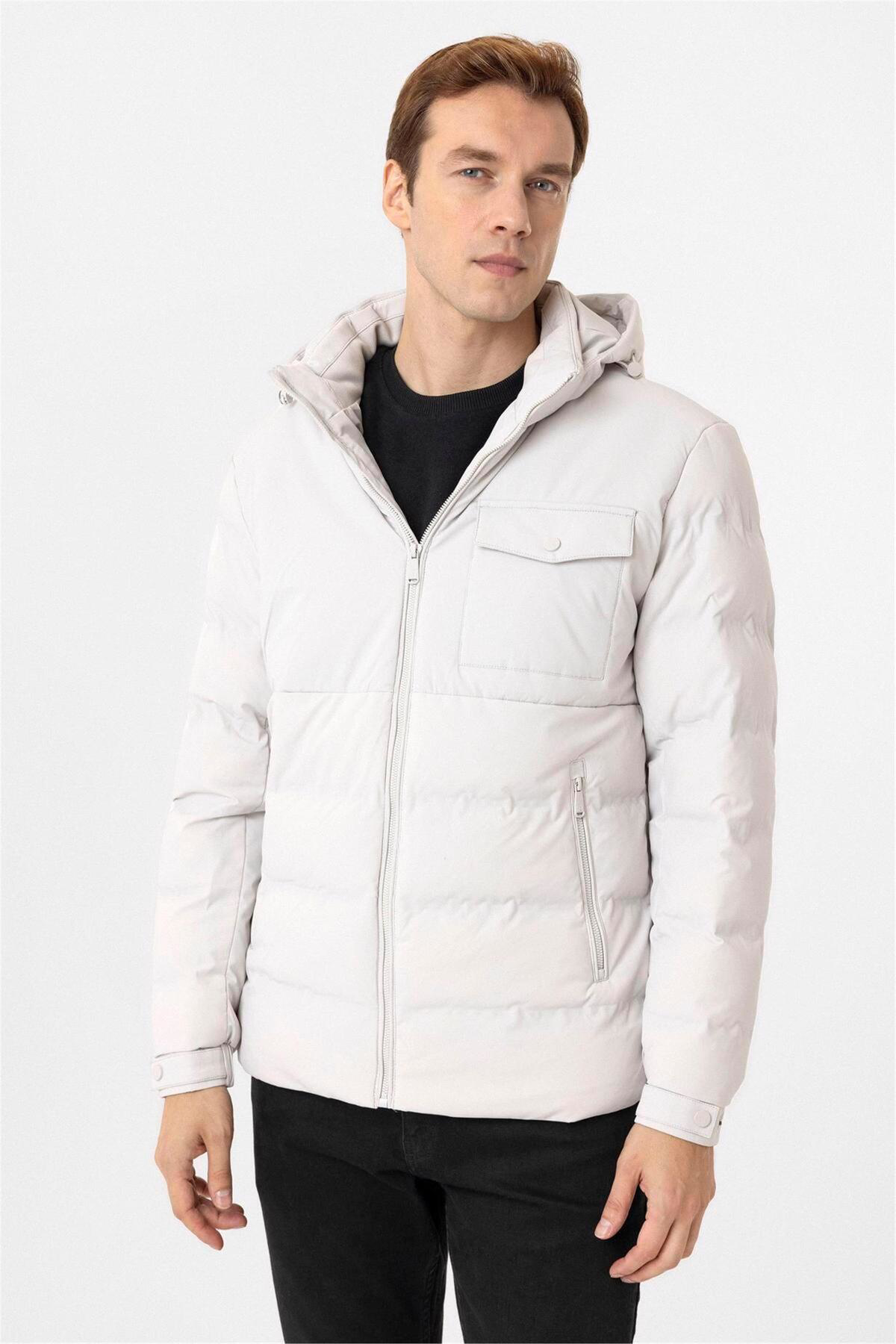 Süvari Süvari Dar Kalıp Beyaz Kapşonlu Erkek Mont