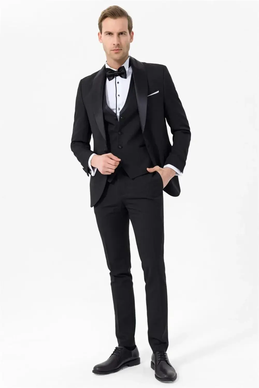 Süvari Süvari Dar Kalıp Yelekli Tek Düğmeli Siyah Damatlık