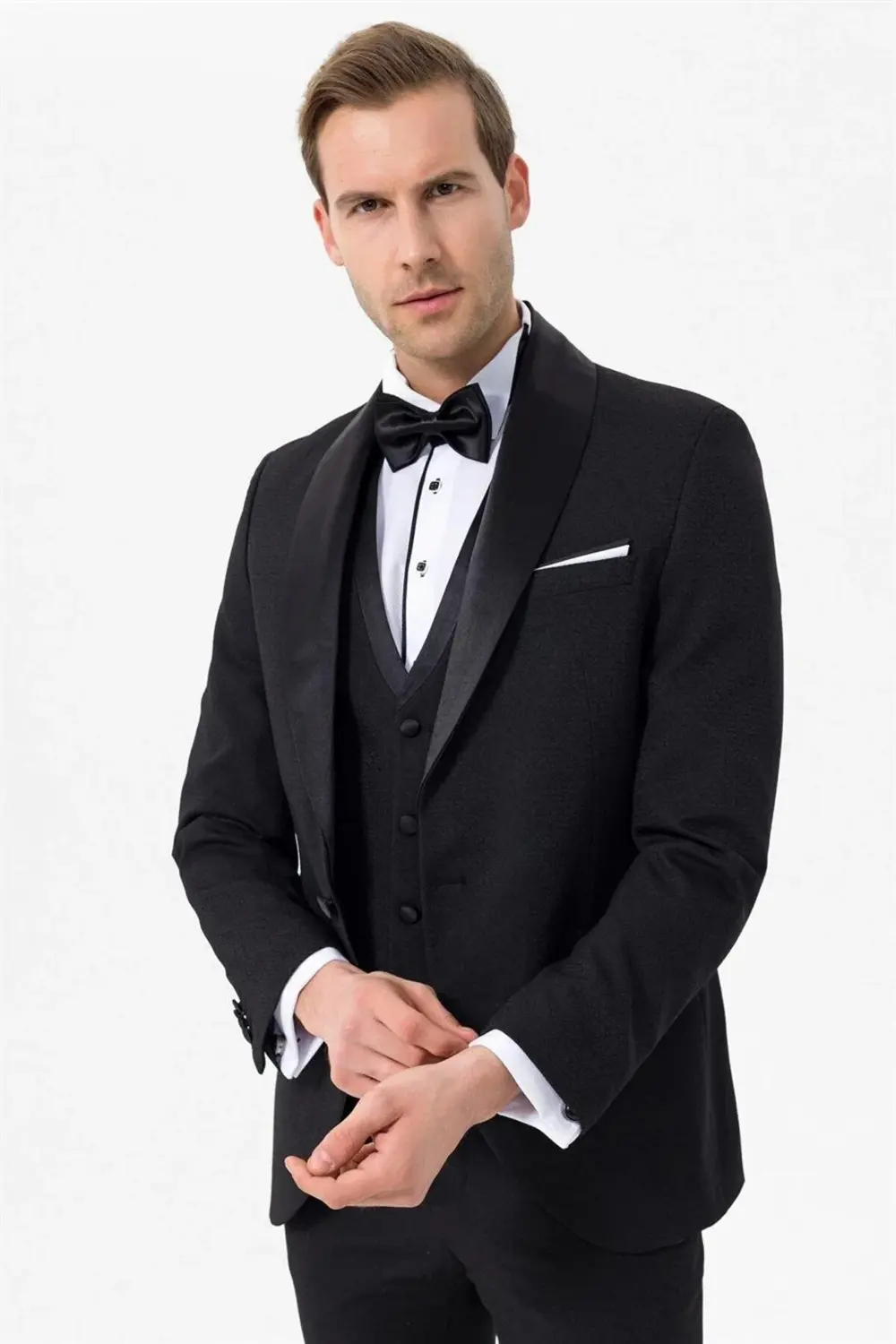 Süvari Süvari Dar Kalıp Yelekli Tek Düğmeli Siyah Damatlık