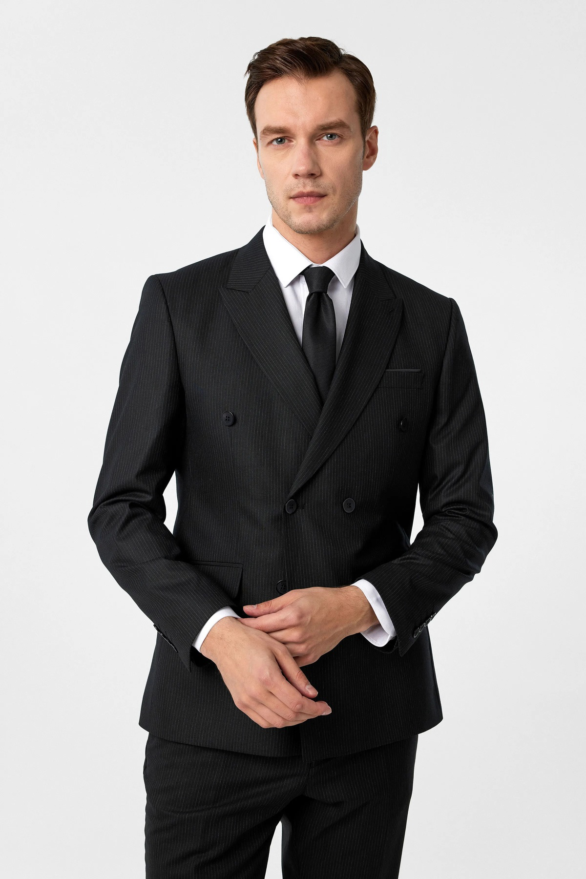 Süvari Süvari Dar Kesim 6 Drop Çizgili Kruvaze Siyah Takım Elbise