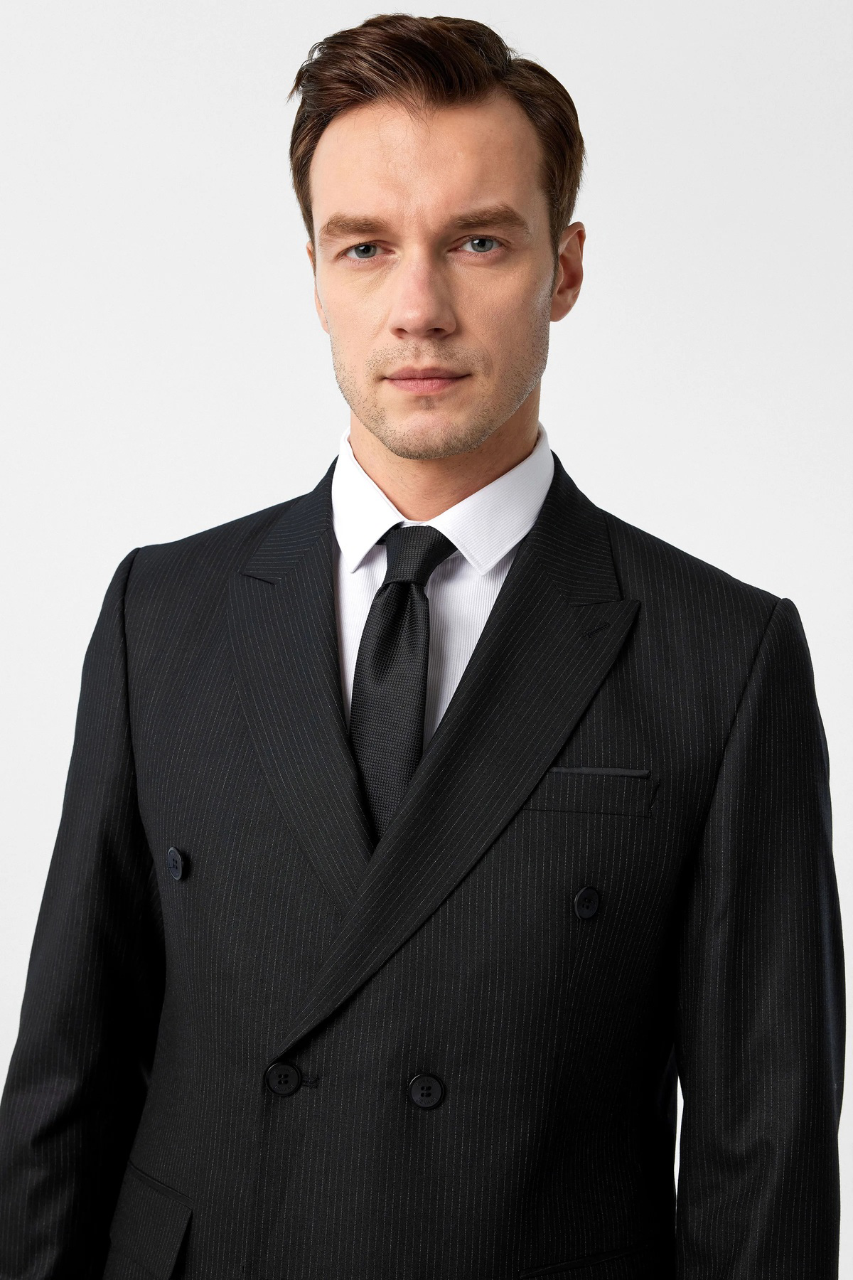 Süvari Süvari Dar Kesim 6 Drop Çizgili Kruvaze Siyah Takım Elbise