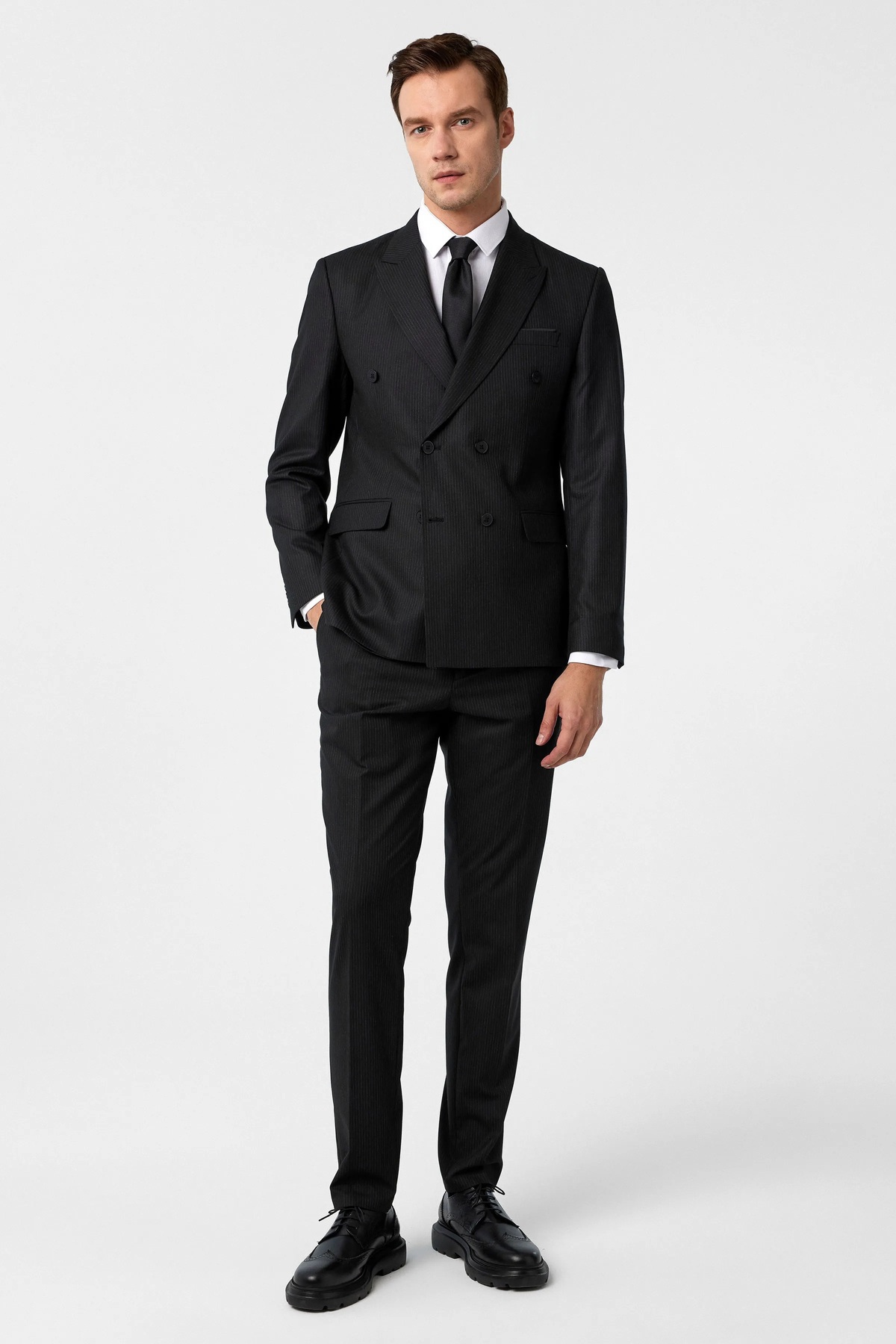 Süvari Süvari Dar Kesim 6 Drop Çizgili Kruvaze Siyah Takım Elbise