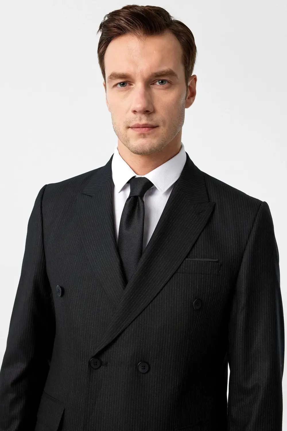 Süvari Süvari Dar Kesim 6 Drop Çizgili Kruvaze Siyah Takım Elbise