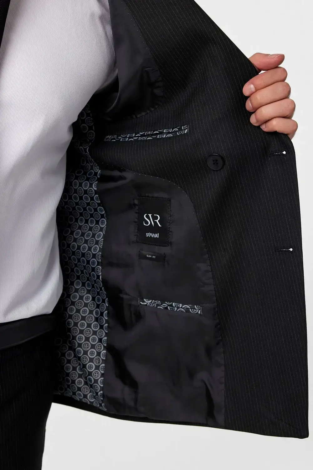 Süvari Süvari Dar Kesim 6 Drop Çizgili Kruvaze Siyah Takım Elbise