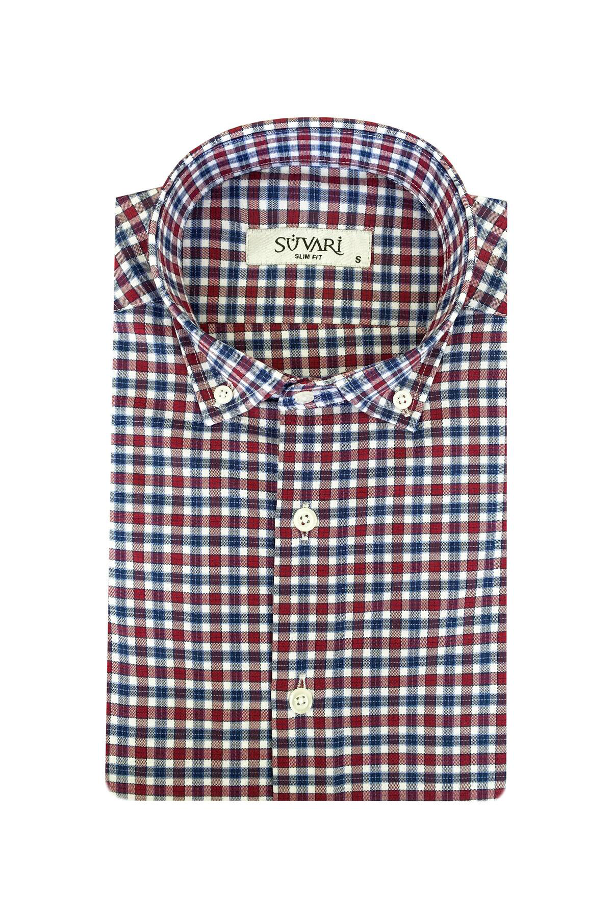 Süvari Dar Kesim Bordo Desenli Kısa Kollu Erkek Gömlek