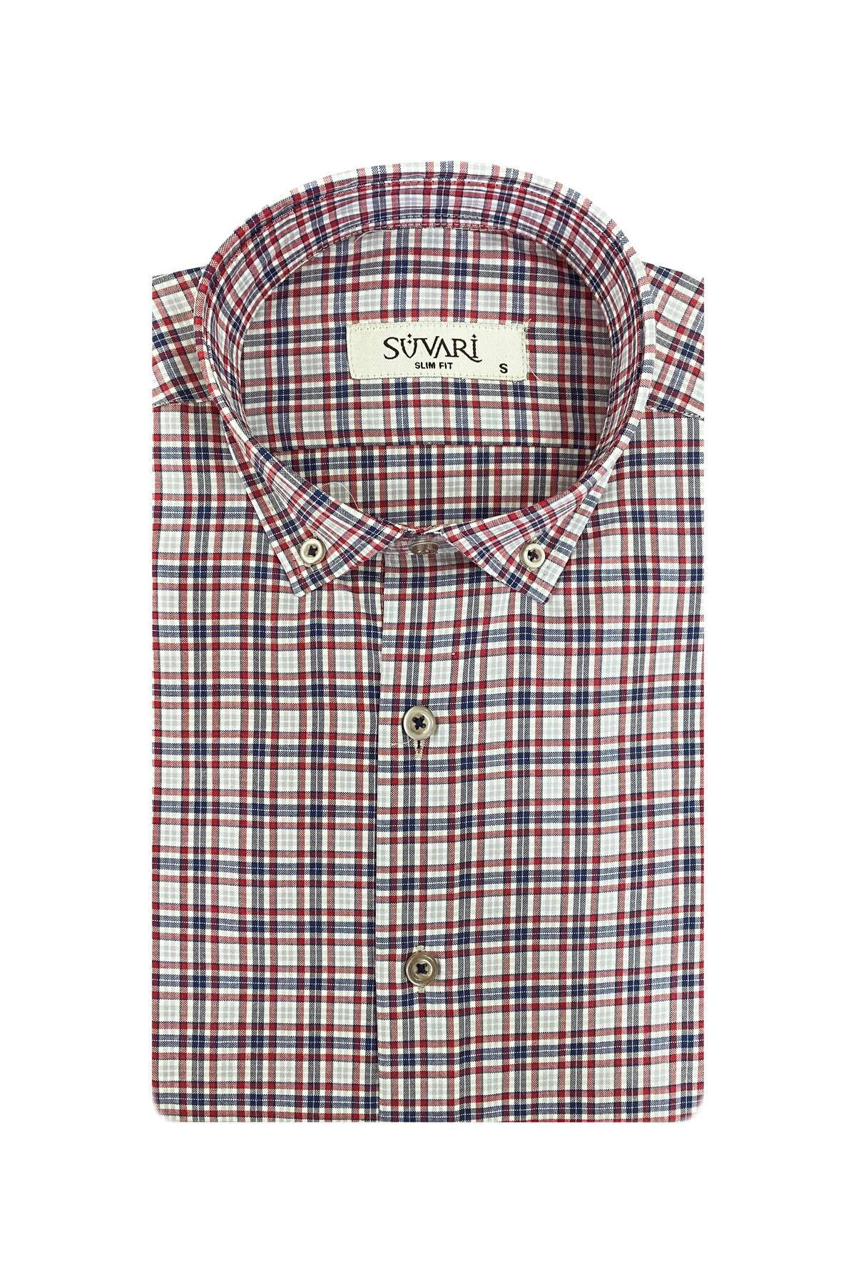 Süvari Süvari Dar Kesim Bordo Desenli Kısa Kol Erkek Gömlek