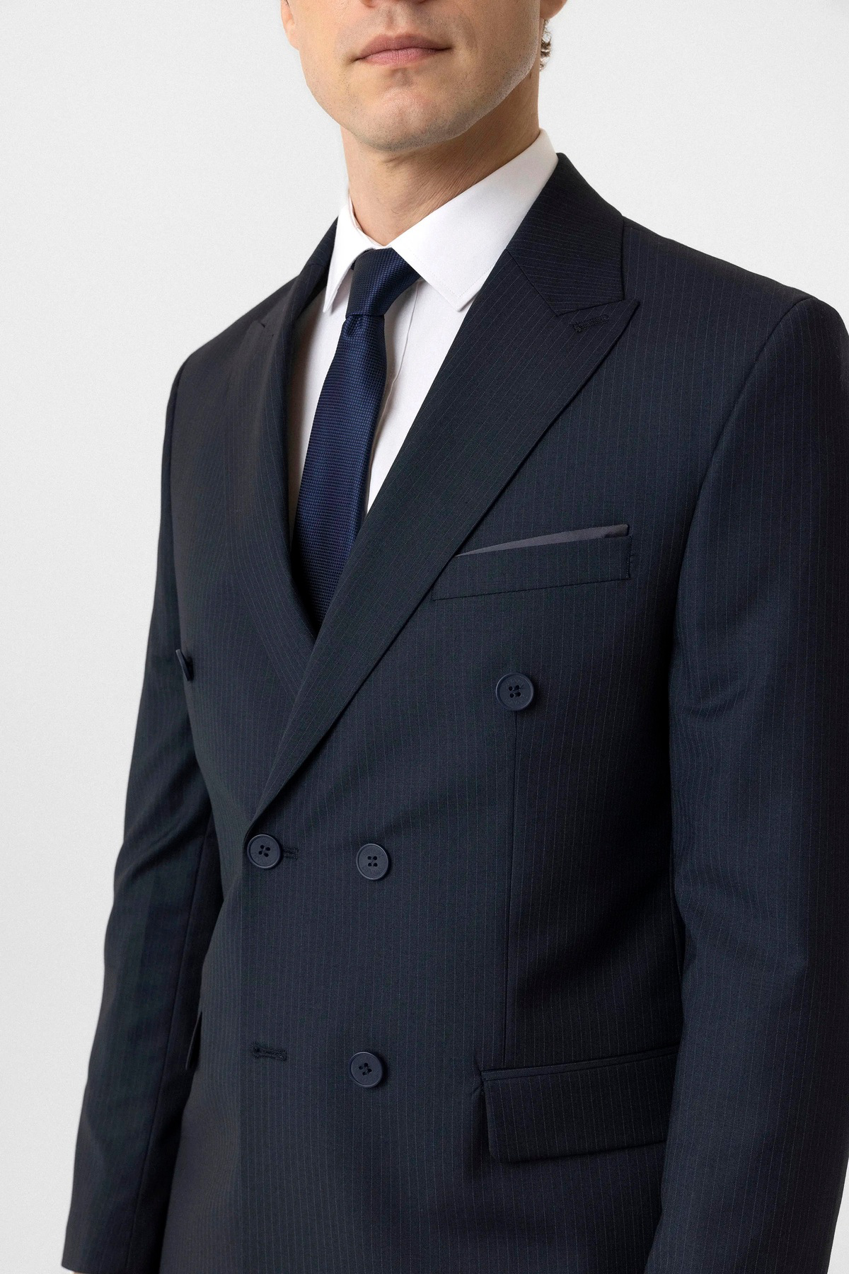 Süvari Süvari Dar Kesim Çizgili Lacivert Kruvaze Takım Elbise