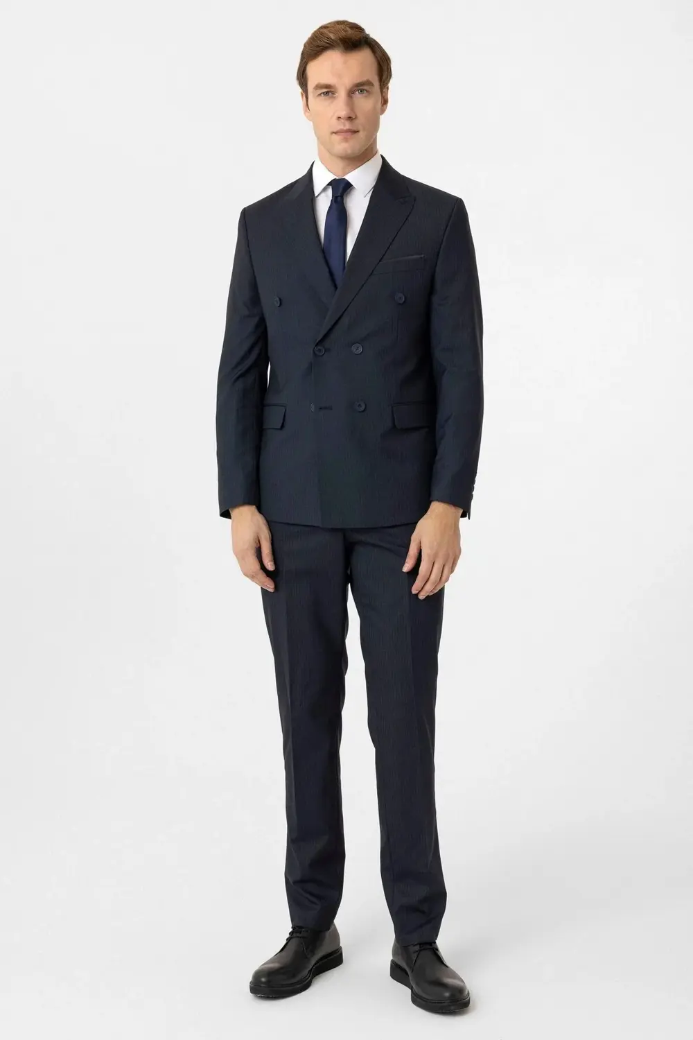 Süvari Dar Kesim Çizgili Lacivert Kruvaze Takım Elbise