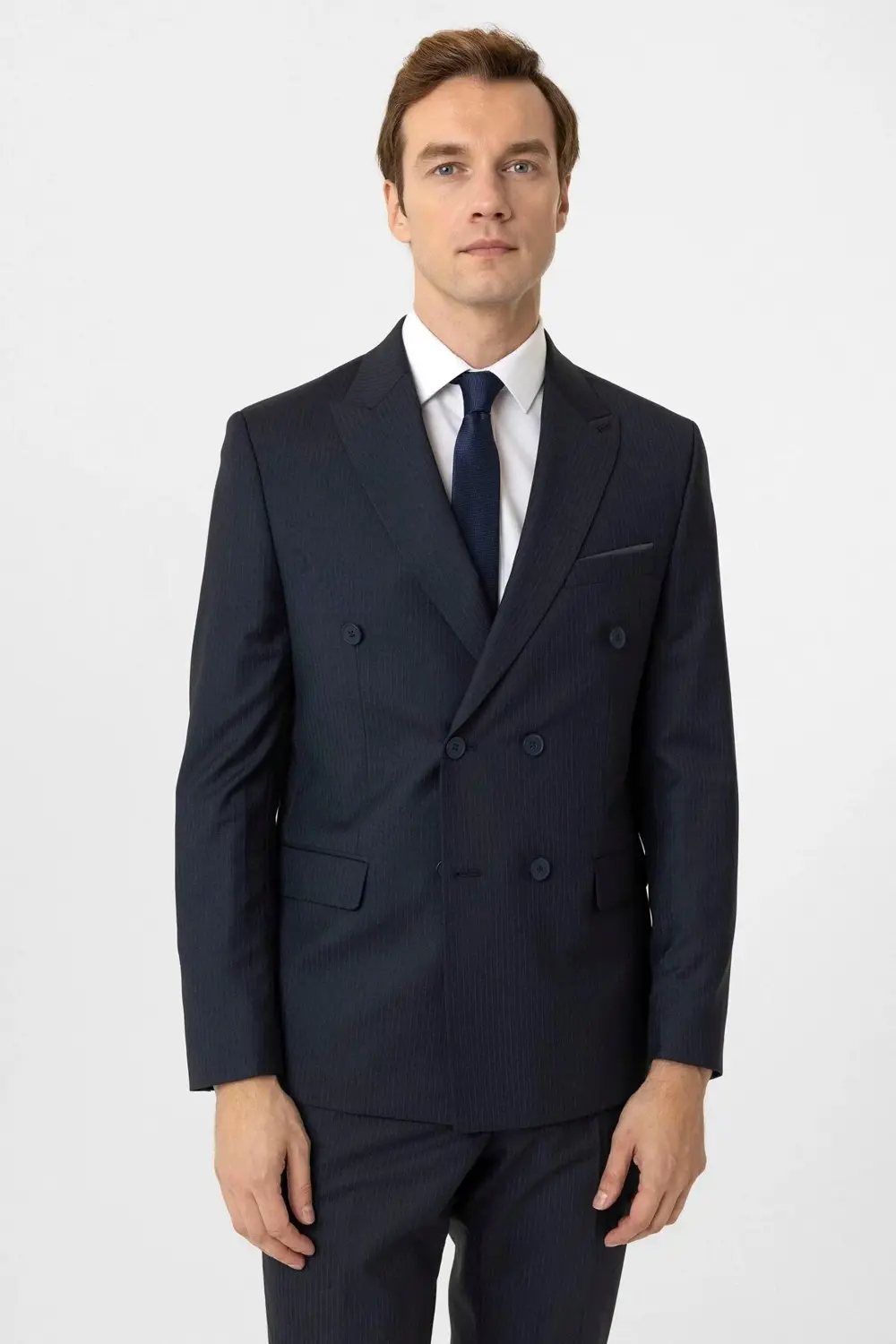 Süvari Süvari Dar Kesim Çizgili Lacivert Kruvaze Takım Elbise