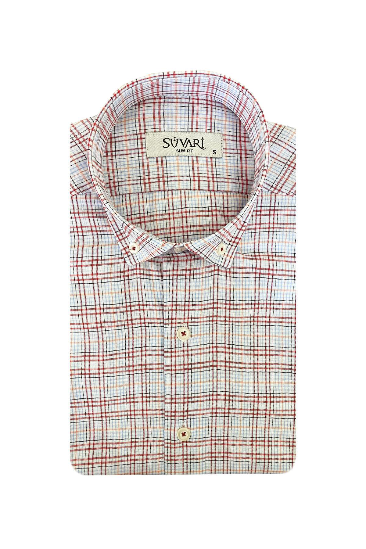 Süvari Dar Kesim Kırmızı Desenli Kısa Kol Erkek Gömlek