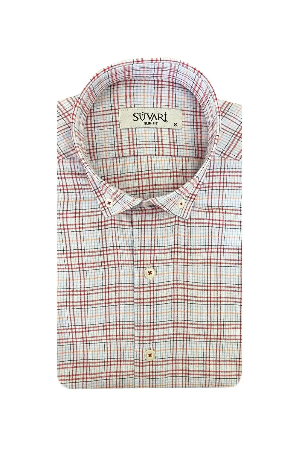 Süvari Dar Kesim Kırmızı Desenli Kısa Kol Erkek Gömlek