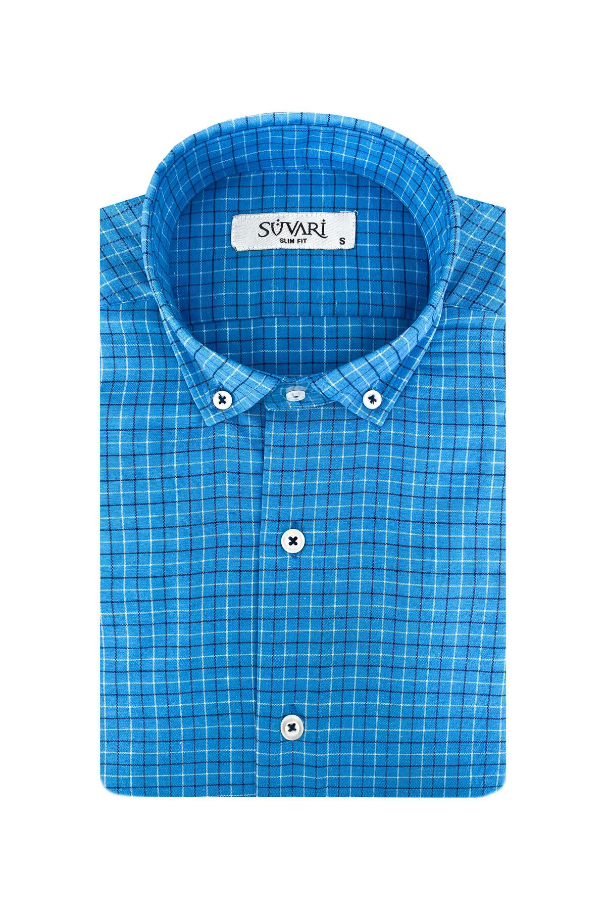 Süvari Süvari Dar Kesim Mavi Desenli Kısa Kol Erkek Gömlek