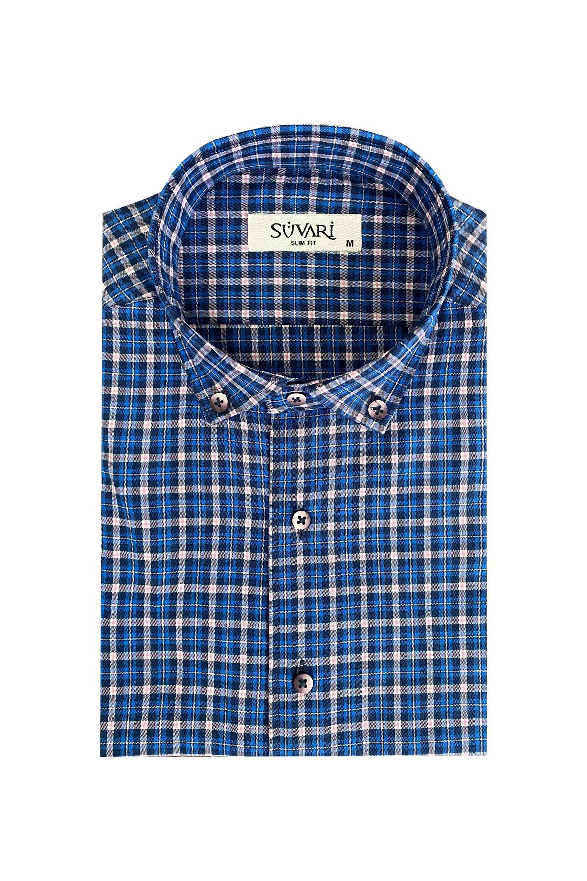 Süvari Süvari Dar Kesim Mavi Kısa Kol Erkek Gömlek