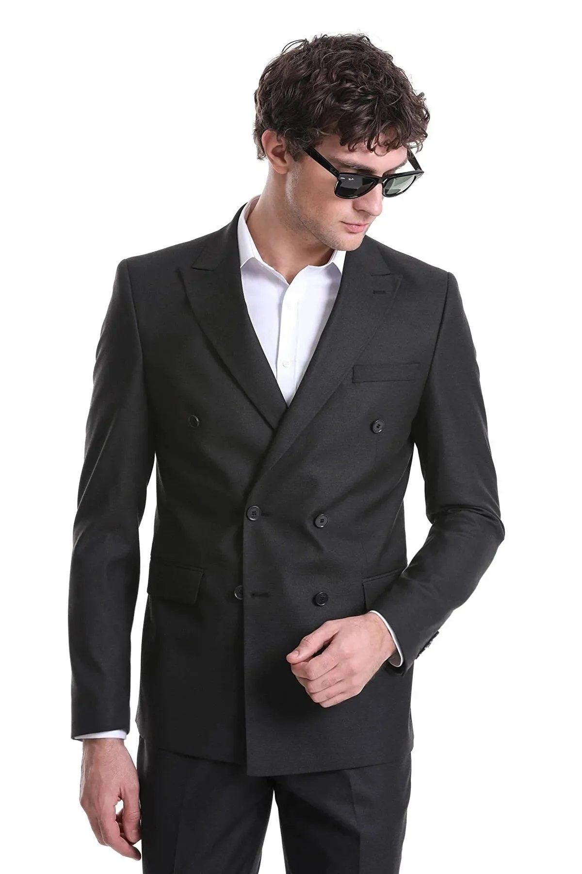 Süvari Süvari Dar Kesim Siyah Düz Kruvaze Takım Elbise