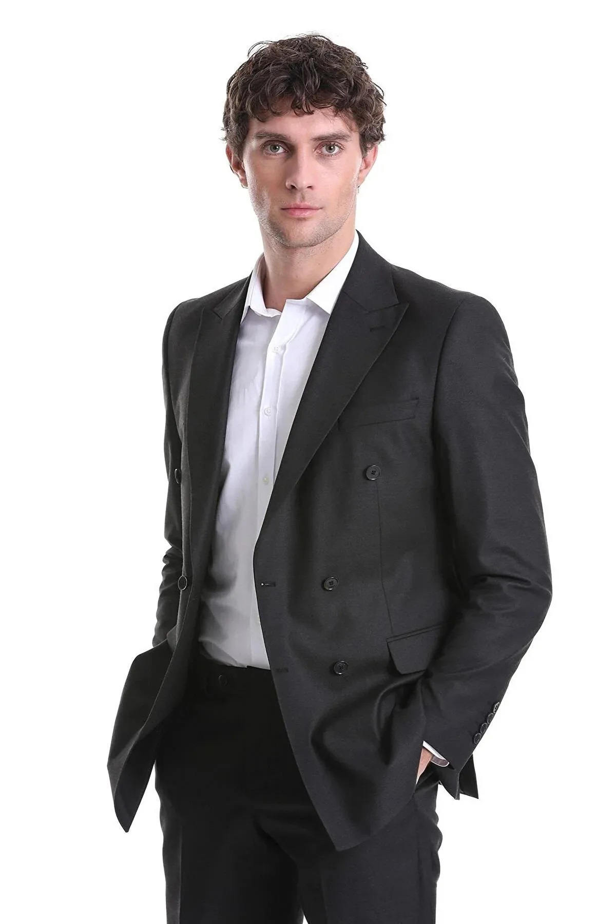 Süvari Süvari Dar Kesim Siyah Düz Kruvaze Takım Elbise