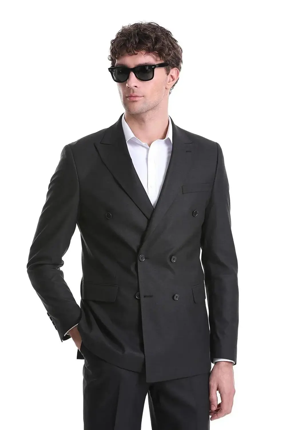 Süvari Süvari Dar Kesim Siyah Düz Kruvaze Takım Elbise