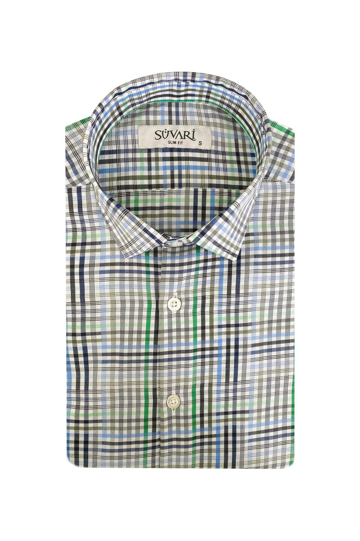 Süvari Süvari Dar Kesim Yeşil Desenli Kısa Kol Erkek Gömlek