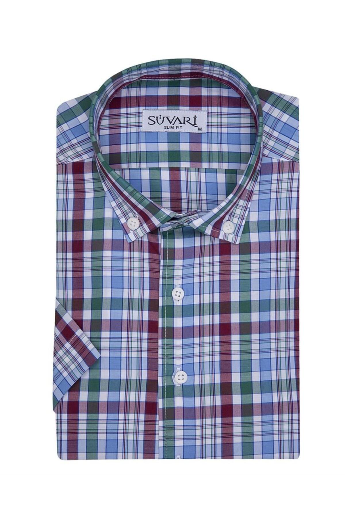 Süvari Dar Kesim Yeşil Desenli Kısa Kol Erkek Gömlek