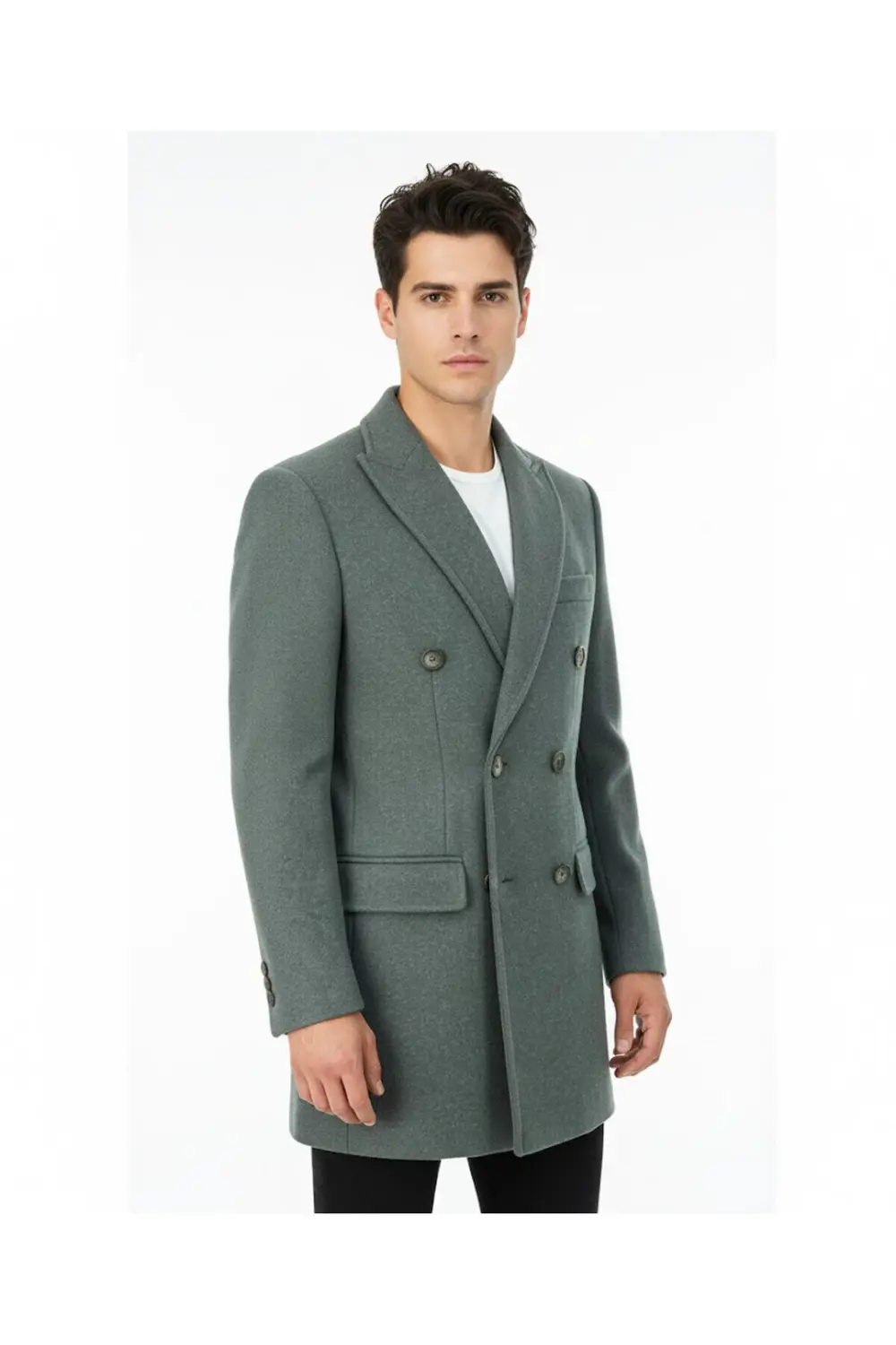 Süvari Dar Kesim Yeşil Kruvaze Yumuşak Dokulu Erkek Kaban